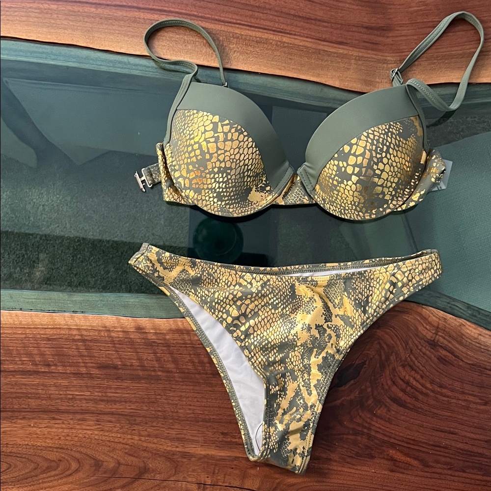 Olive Green & Gold Snake-Print Push-Up Bikini